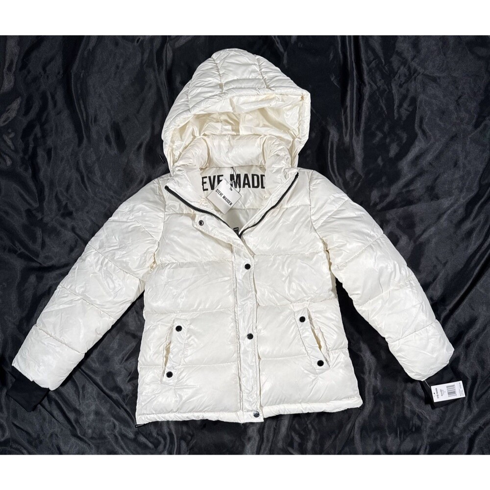 Steve Madden Winter White Quilted Hooded Puffer Jacket (Ola Cloud) Size S NEW